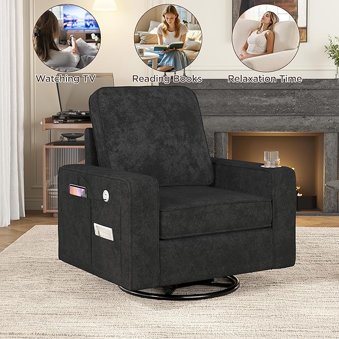 Swivel Square Accent Chair with Wide Armrests,360° Rotating Comfy Single Sofa Chairs with USB/Type-C,Cup Holder & Side Pocket,Modern Armchair for Living Room Bedroom Reading Lounge Nook,Dark Grey | Swivel Accent Chair, with USB/Type-C, Cup Holder, Side...