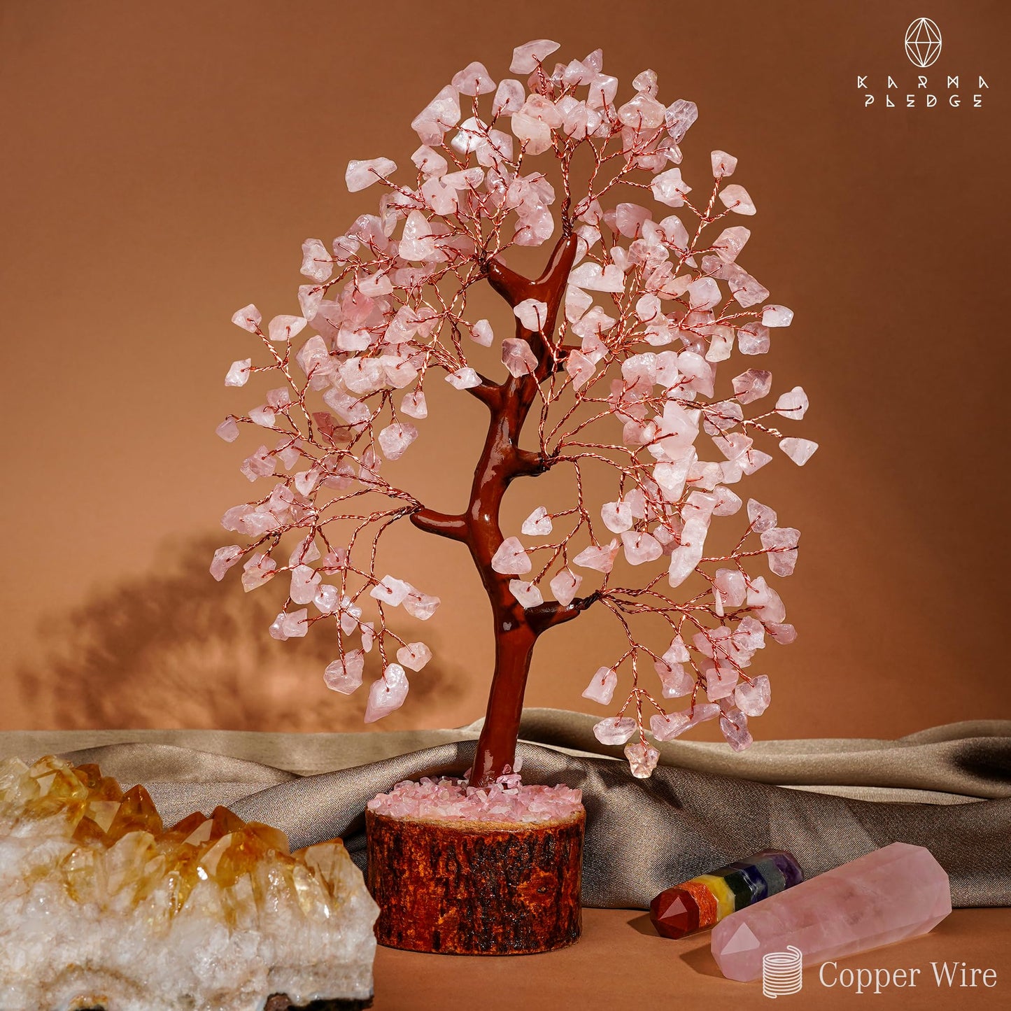 KARMAPLEDGE Rose Quartz Crystal Tree of Life for Women Office Decor, Good Luck, Money, Meditation, Positivity, Handmade Healing Crystal Stones Bonsai Tree Spiritual Birthday Gifts for Women