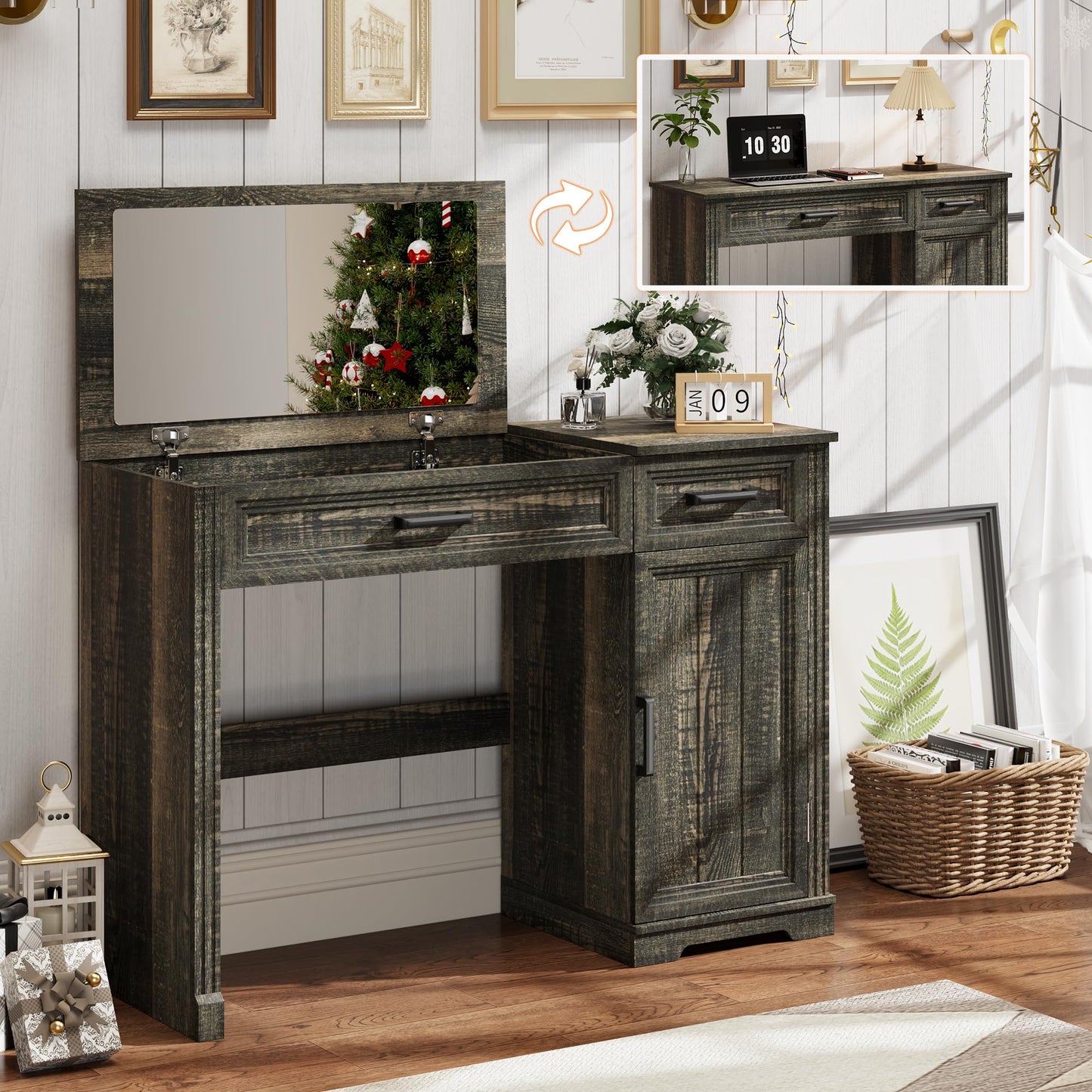 FOMNEY Farmhouse Vanity Desk with Flip Top Mirror, 43.3" W Makeup Vanity with Drawers, Storage Cabinet, Dressing Make Up Vanity Table for Bedroom, Wood Home Office Desk, Light Grey