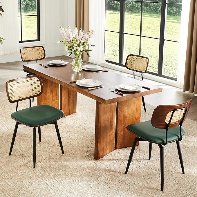 Quenvo Dining Chairs with Rattan Back, Modern Green Leather Dining Chairs Set of 4, Swivel Dining Room Chairs Kitchen Side Chairs with Metal Legs and Upholstered Seat for Kitchen & Living Room