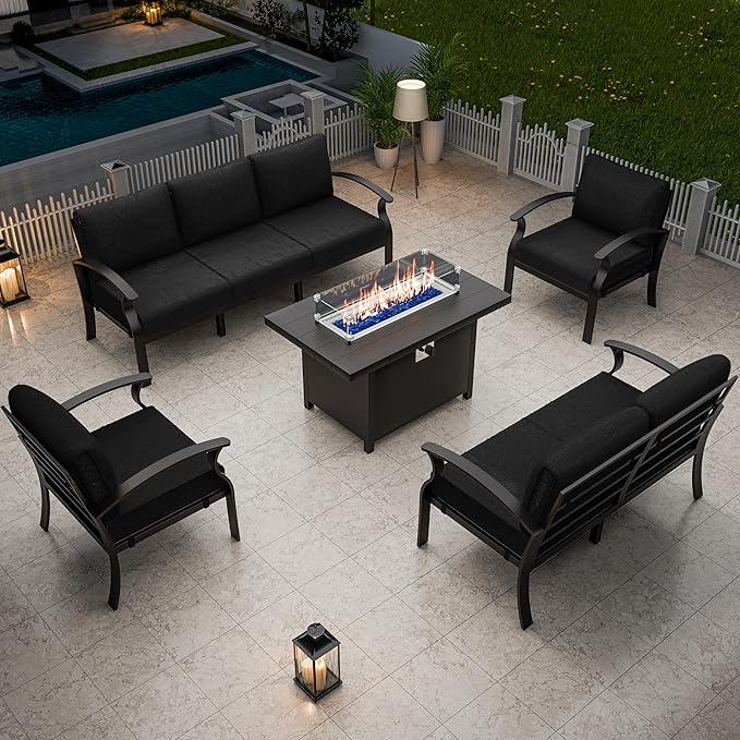 RTDTD Aluminum Outdoor Patio Furniture Set,5 Pieces 7 Seats Patio Conversation Sets with 45" Propane Fire Pit Table,Metal Patio Sectional Furniture Set w/5.1" Cushions for Porch,Deck,Backyard,Black