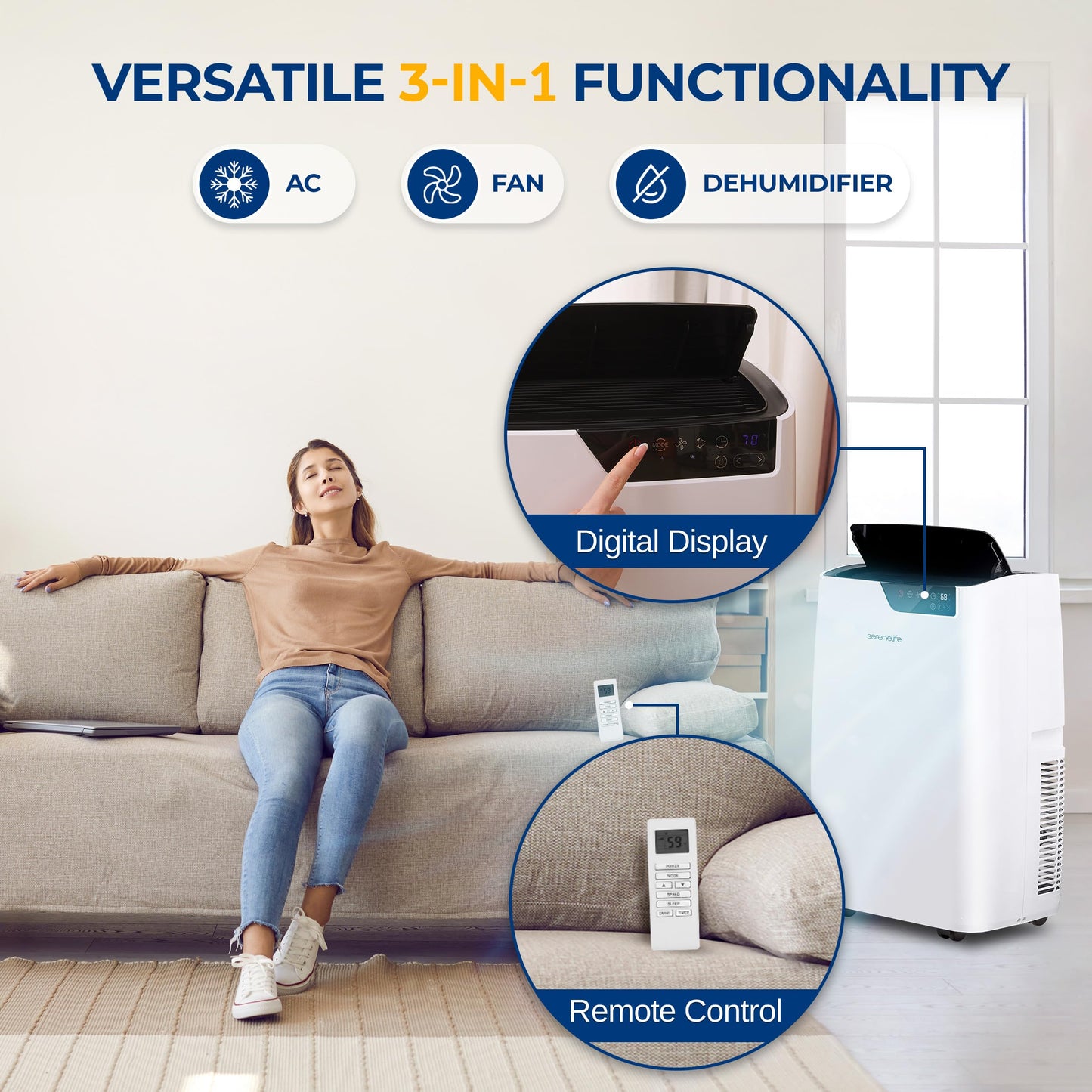 SereneLife 12000 BTU Portable Air Conditioner 3-in-1-115V Compact Standing Air Conditioner for Room Up to 380 Sq. Ft. Floor AC Unit with Touch Control Panel, Remote Control - Window Mount Kit