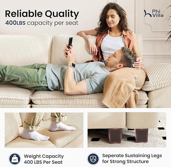PHI VILLA Cloud Modular Couches Sets, 87.5" Sectional Loveseat Sofa with Upholstered Deep Seat, 2-Seater Comfy Couches for Living Room Bedroom, Chenille Corduroy Dual Fabric, Beige