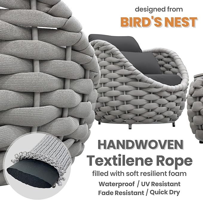 Erotr Fully Assembled Patio Furniture Set: 5-Piece Woven Rope Outdoor Conversation Set Cushioned - Modern Metal Deck Loveseat Chair Table Set - Porch Seating for Courtyard Garden Poolside Hotel Resort