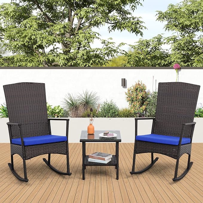 Outdoor PE Wicker Rocking Chair 3-Piece Patio Rattan Bistro Set 2 Rocker Armchair and Glass Coffee Side Table Furniture Washable Lacing Cushions, Blue