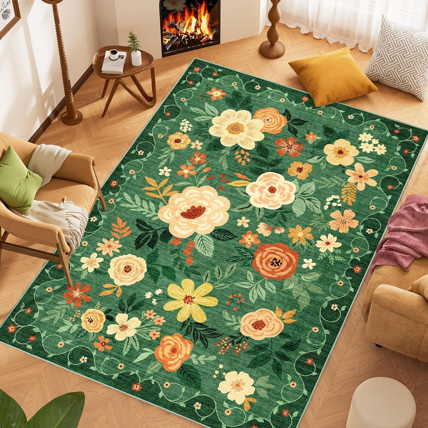 DUKINO 6x9 Area Rug, Floral Rugs for Living Room, Lightweight Non Slip Washable Rug, Indoor Low Pile & Non-Shedding Boho Design Rugs for Bedroom, Living Room, Dining Room, Dark Green