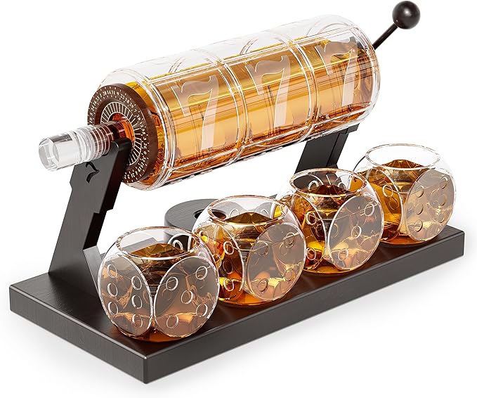 Kollea Slot Whiskey Decanter Set for Men, 50.7 Oz Casino Style Whiskey Decanter with 4 Dice Glasses, Birthday Gifts for Me...