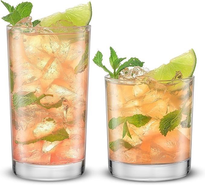 JoyJolt Alain Drinking Glasses Set of 8 Glass Tumblers. Highball 14oz Bar Glasses and Lowball 10oz Rocks Glasses Set. Cock...