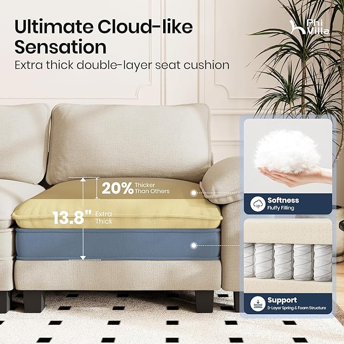 PHI VILLA Cloud Modular Couches Sets, 3 Pieces Large Sectional Sofa Set with Single Sofa, 5-Seater Upholstered Couch for Living Room, Chenille Fabric, Beige