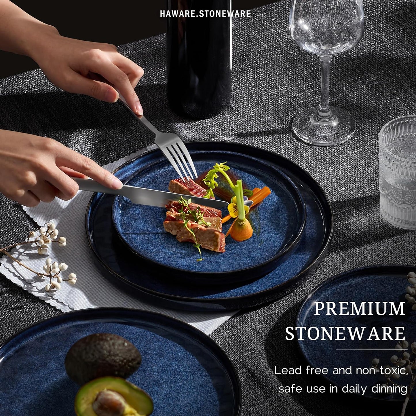 HaWare Dinnerware Sets, 24-Piece Plates and Bowls Set, Stoneware Dish Set for 8, Ceramic Dinnerware for Home Restaurant, Chip and Scratch Resistant, Microwave and Dishwasher Safe, Reactive Starry Blue