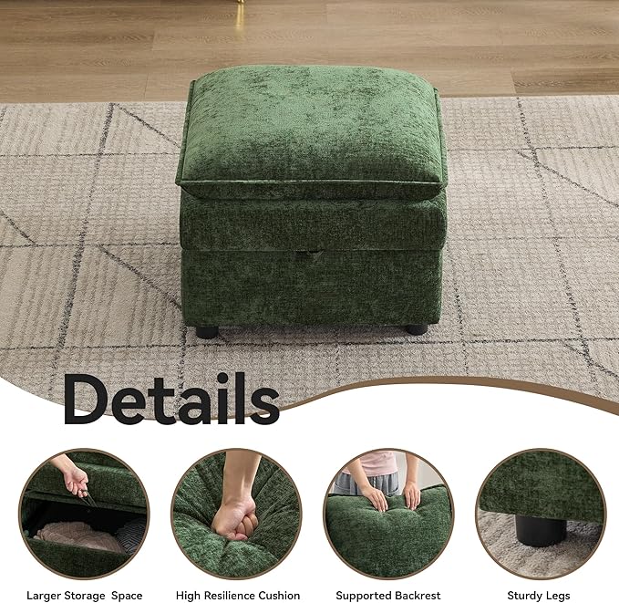 Abbrevi 27" Large Square Ottoman with Storage, Modern Upholstered Footrest with Anti-Slip Legs for Couch Coffee Table Living Room, Bedroom, Entryway, Chenille Green