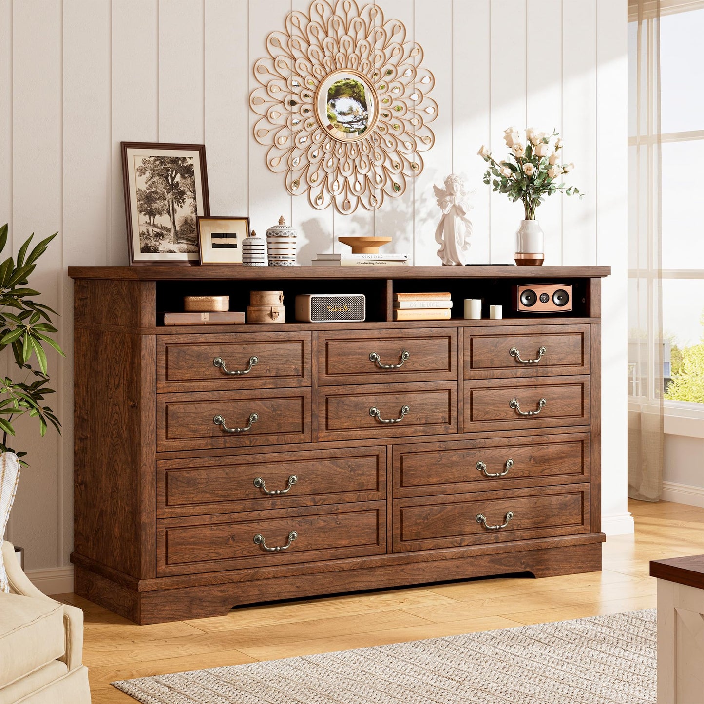 Farmhouse Dresser for Bedroom 55.2''Wide Wood Dresser with LED & Power Outlet Vintage 10 Drawers & Chests of Drawers Long Space Saver TV Stand, Closet, Entryway, Rustic Brown