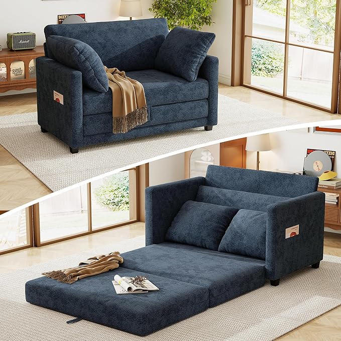 kakuboohi 51" Loveseat Sleeper Sofa Bed, Chenille Convertible Floor Sofa Bed for Small Spaces, Folding Couch Bed with Deep Seat, 2 Pillows & Solid Frame, Pull Out Floor Couch for Living Room, Blue