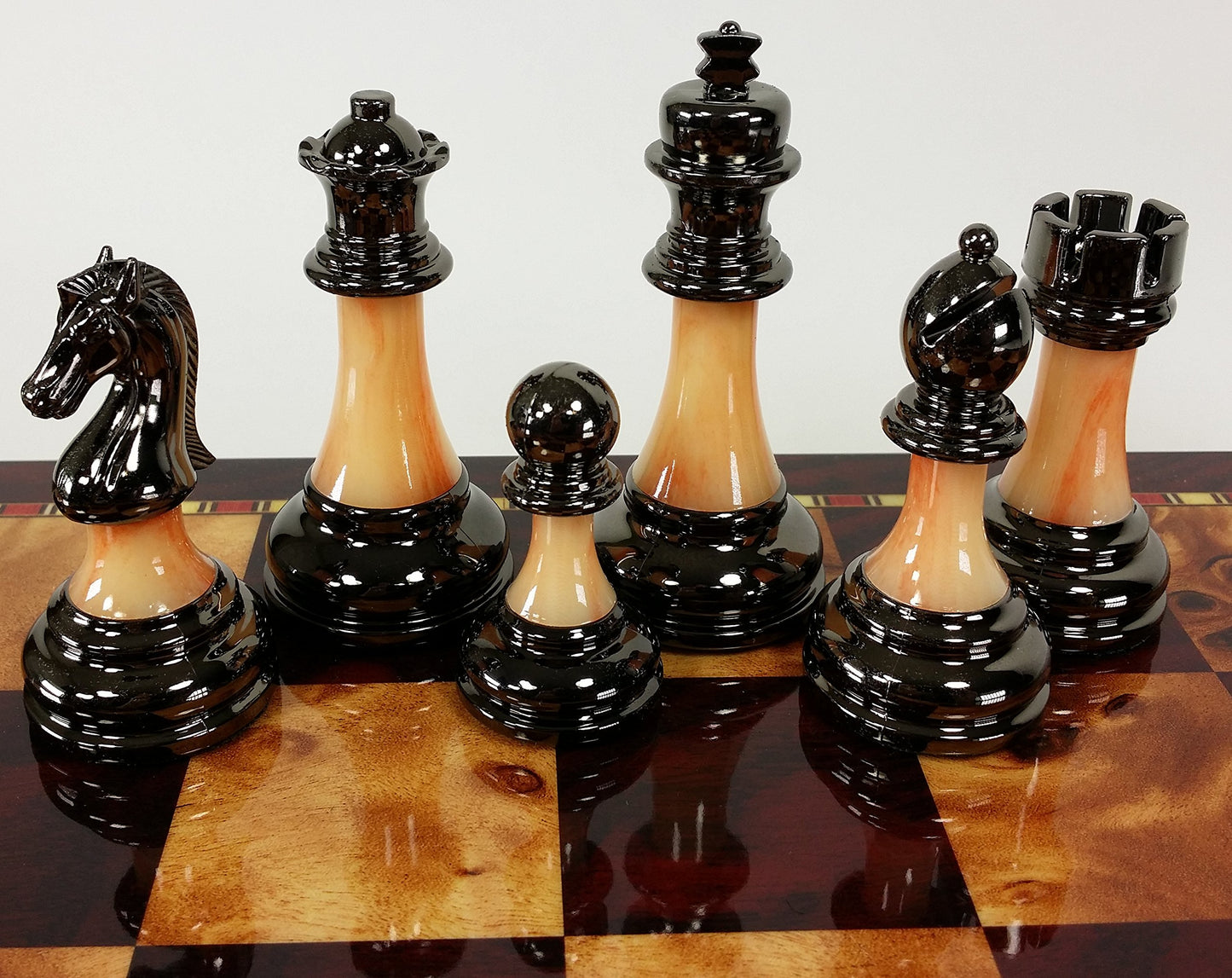 Staunton Chrome & Black Chrome Chess Men Set W 18" Gloss Cherry Color Board