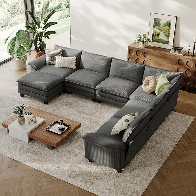 LINSY HOME Modular Sectional Sofa Couch Corduroy Cloud Couches for Living Room, V-Shaped Cloud Couch Sectional Sofas for Bedroom and Apartment, Grey