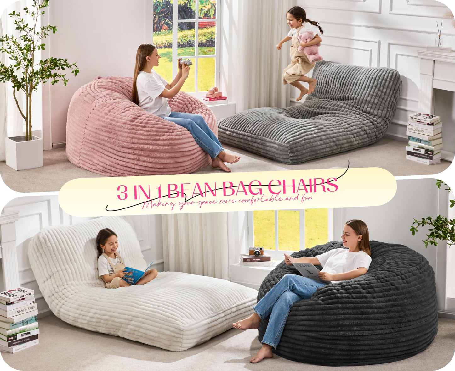Hobestluk Bean Bag Chair Convertible Beanbag Chairs for Adults, 3 in 1 Bean Bags with Stripe Cover, Adult Bean Bag Chair for Living Room, Bedroom (Grey, Full)