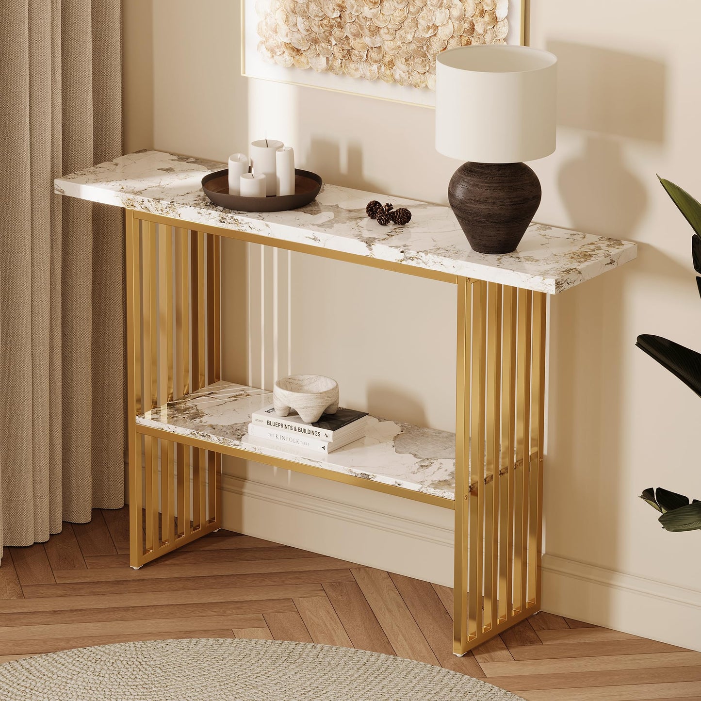 GDFStudio 47.2" Modern Console Table with Shelf, Luxury Narrow Entryway Table with Faux Marble Top and Gold Metal Frame, Sofa Tables Behind Couch for Living Room Foyer Hallway, Gold White