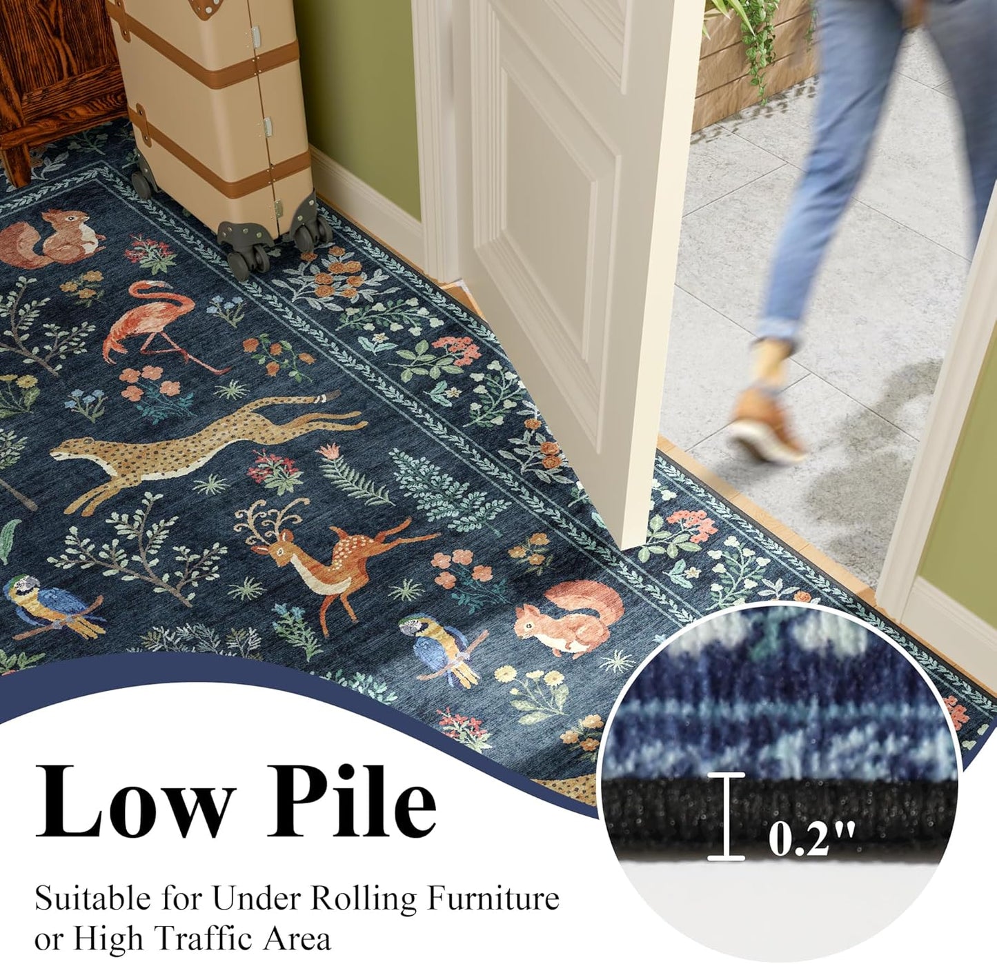 DUKINO 2x3 Rug, Washable Animal Rugs for Entryway, Non Slip Indoor Door Mat, Soft Low Pile Small Area Carpet for Entrance, Bedroom, Kitchen, Laundry, Bathroom, Navy Blue