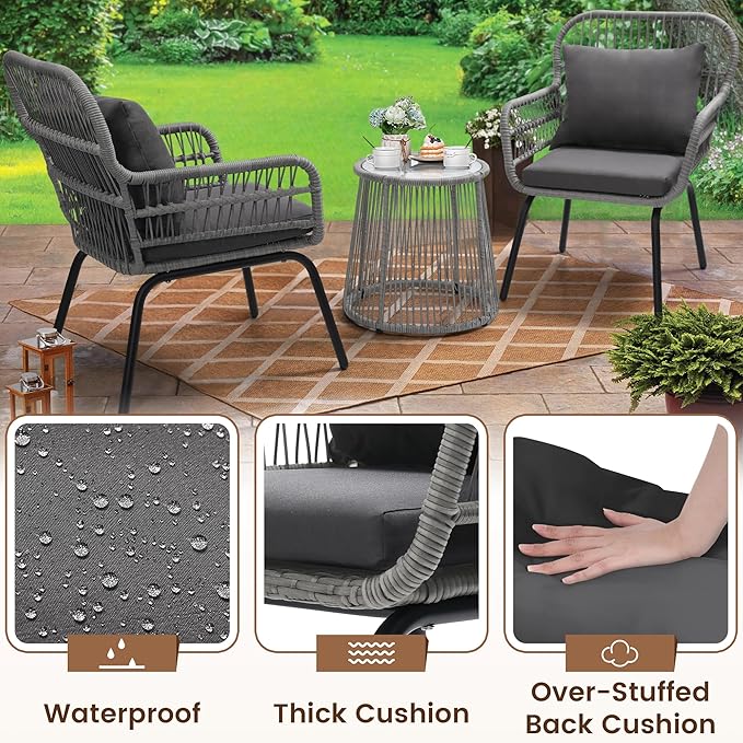 wildformers 3 Pieces Rattan Wicker Bistro Set, Outdoor Conversation Set, Wicker Rattan Furniture Set with Glass Top Table, Space Saving for Balcony, Backyard, Grey
