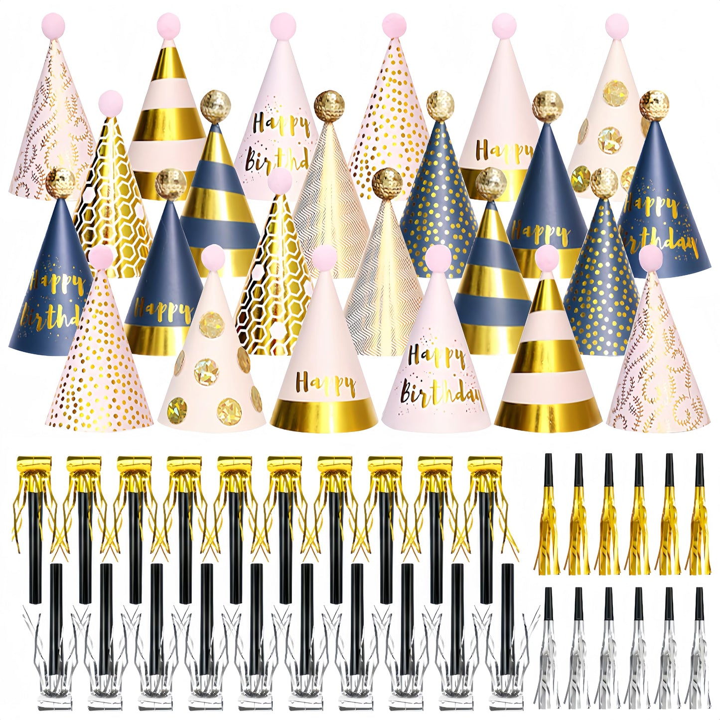 JOYEONDEF 56 Pcs Pink and Gold Birthday Party Hats Gold Cone Hats Includes 24 Birthday Paper Hats and 32 Noise Makers for adults kids women