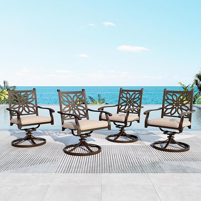 MFSTUDIO Outdoor Dining Chairs Set of 4, Cast Aluminum Patio Swivel Chairs with Wide Seat and 2.8’’ Cushion, Brown Metal Outdoor Swivel Chair Set, Backyard, Deck, 350lbs