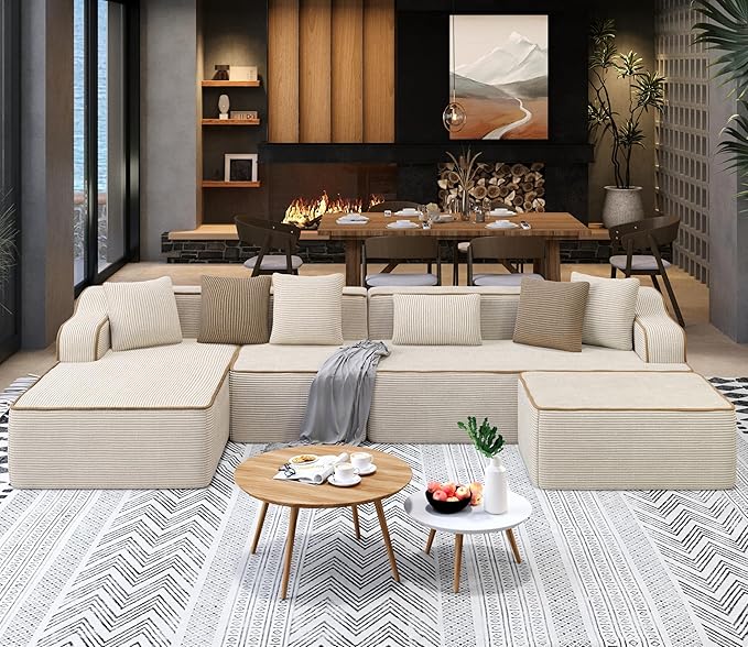 SUNSHINE VALLEY U Shaped Boneless Modular Cloud Couch, 133.5'' Oversized Corduroy Sectional Sofa for Living Room, 6-Seat Upholstered Modern Couch with Deep Seat, No Assembly Required, Beige