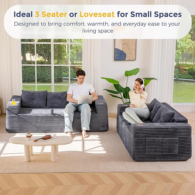 MAXYOYO 79" Oversized Boneless Loveseat Sofa Couch for Small Spaces, Mini Love Seat Floor Couch with Cup Holders and Pillows, 3-Seater Upholstered Cloud Couch for Bedroom, No Assembly Required