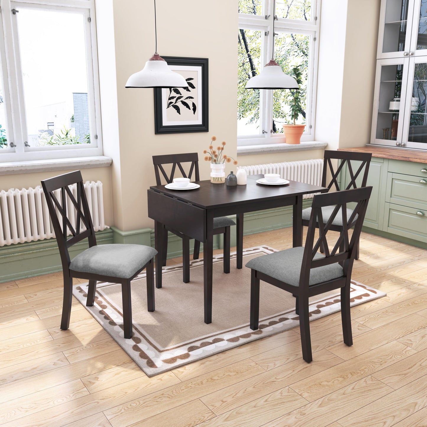 Merax 5 Piece Farmhouse Extendable Dining Table Set - Wood Table with Drop Leaf, 4 Upholstered Chairs for Kitchen, Small Places, Easy Assemble Espresso