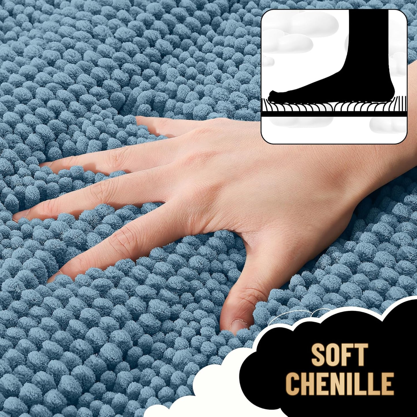 OLANLY Thick Bathroom Rugs 24x16, Extra Soft Absorbent Chenille Striped Bath Rugs, Rubber Backing, Machine Wash Dry, Bath Mats for Bathroom Floor, Tub and Shower, Home Decor Accessories, Airy Blue