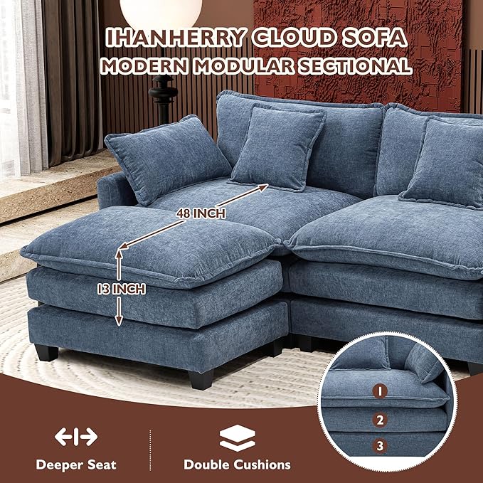 Ihanherry 111.4" U Shaped Modern Sofa Modular Sectional Cloud Couch with 2 Ottoman, 5-Seat Chenille Deep Seat Sofa with Pillow for Living Room, Bedroom and Apartment, Blue
