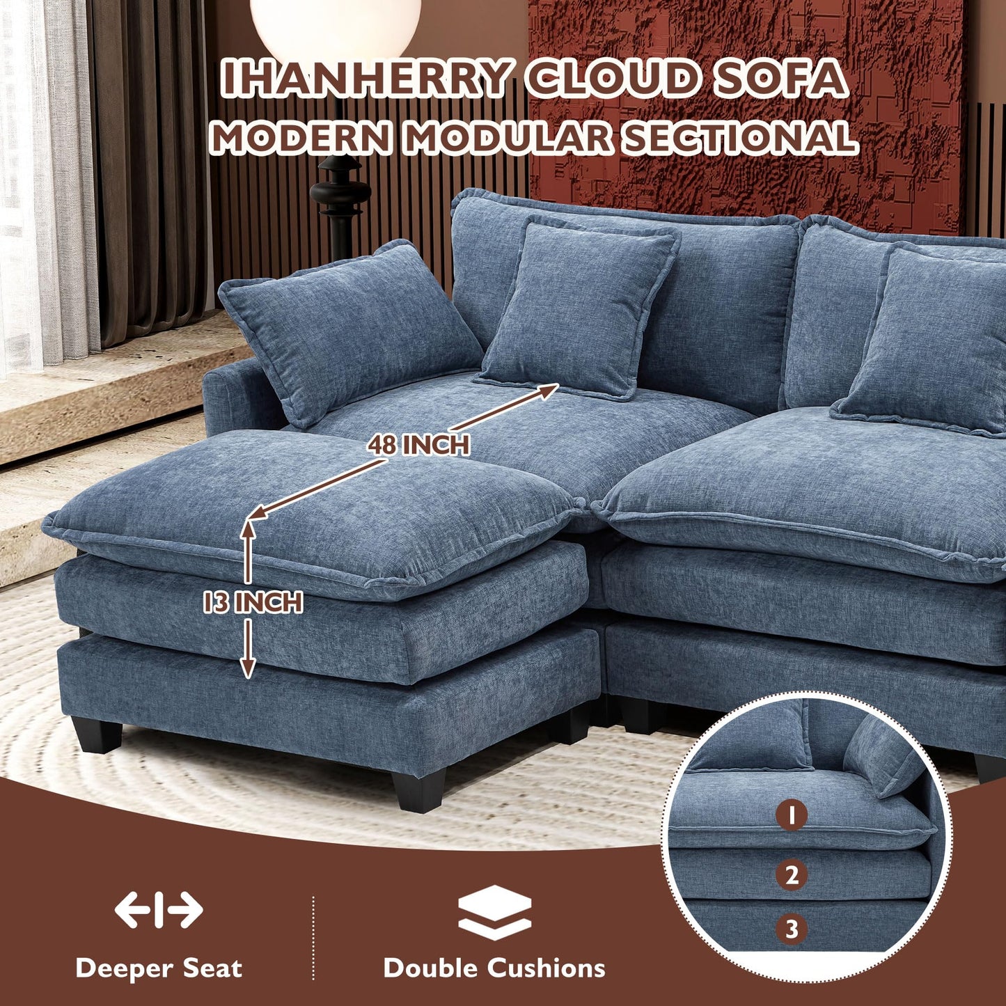 Ihanherry 111.4" U Shaped Modern Sofa Modular Sectional Cloud Couch with 2 Ottoman, 5-Seat Chenille Deep Seat Sofa with Pillow for Living Room, Bedroom and Apartment, Blue