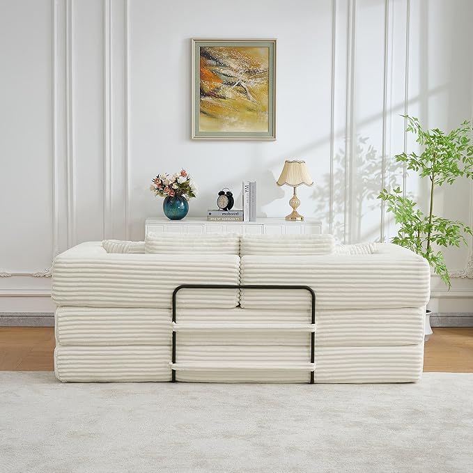 79.5" Folding Convertible Sofa Bed with Side Storage Pockets, 4-in-1 Corduroy Boneless Couch, No Assembly Loveseat Sleeper, Floor Sofa Daybed Futon Couch for Living Room Bedroom Lounge, Beige Upgraded