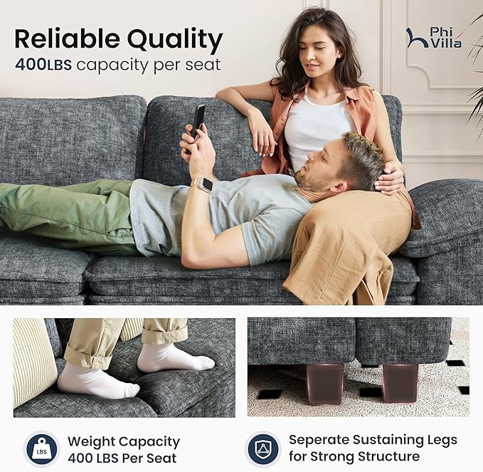 PHI VILLA Indoor Modular Couches Sets, 87.5" Sectional Loveseat Sofa with Upholstered Deep Seat, 2-Seater Comfy Couches for Living Room Bedroom, Chenille Fabric, Dark Cyan