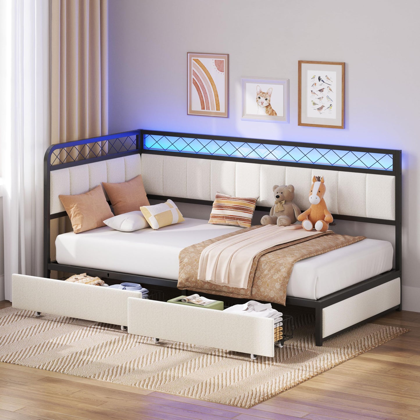 ANCTOR Twin Corner Bed Frame with 2 Storage Drawers, Daybed with LED Lights and Charging Station, Metal Platform Bed Frame for Living Room, Bedroom and Guest Room, Beige
