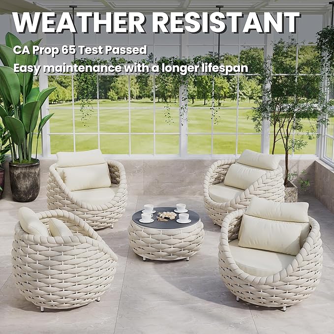 Erotr Woven Rope Patio Furniture Set: 5 Pieces Aluminum Outdoor Conversation Sofa Set All Weather - Cushioned Modern Deck Couch Set Assembled for 400lbs Front Porch Garden Lanai Sunroom Hotel, Beige