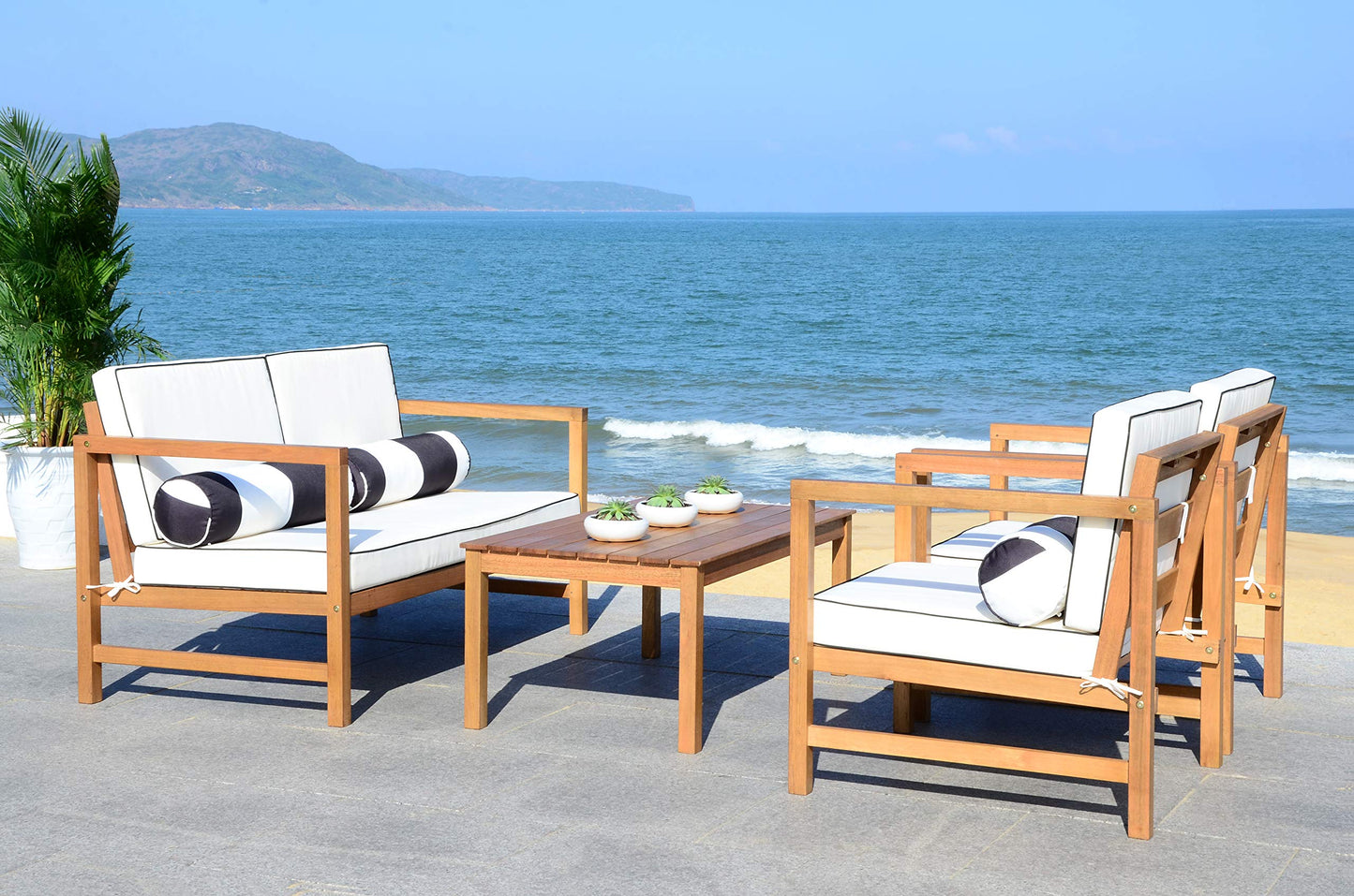 SAFAVIEH Outdoor Collection Montez Natural/ White Cushions/ Striped Bolster Pillows 4-Piece Conversation Patio Set