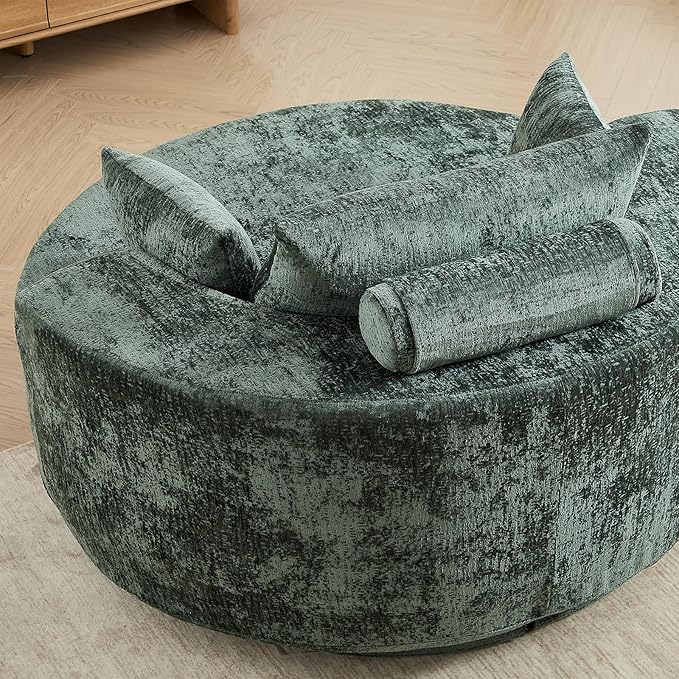 Oversized Round Swivel Chaise Longue Chair Indoor, Modern 55-inch 360 Degree Swivel Upholstered Chenille Deep Seat Circle Single Cloud Sofa Chair for Living Room Bedroom Apartment Office, Green