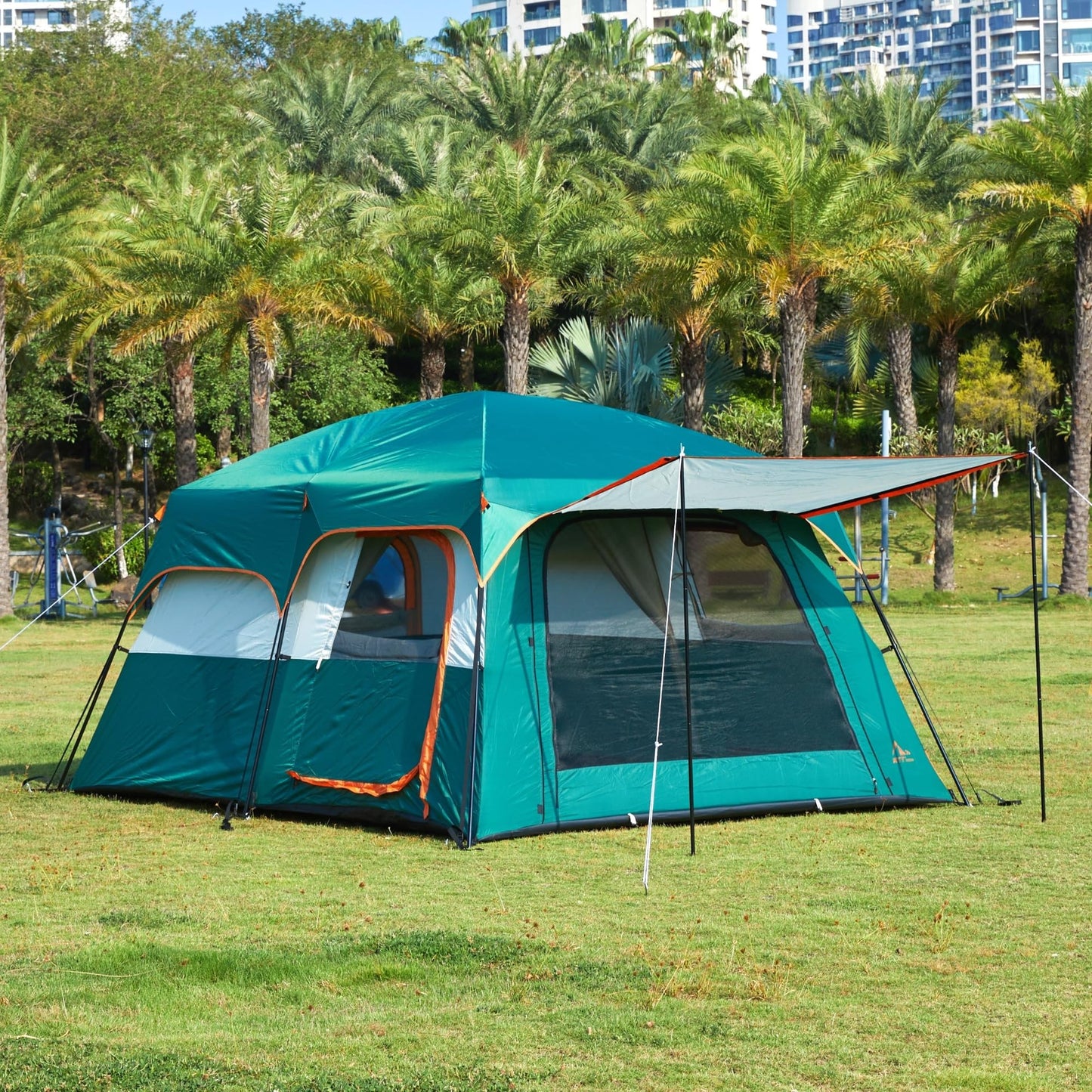 KTT Extra Large Tent 10 Person,Family Cabin Tents,2 Rooms,3 Doors and 3 Windows with Mesh,Straight Wall,Waterproof,Double Layer,Big Tent for Outdoor,Picnic,Camping,Family Gathering(Green)