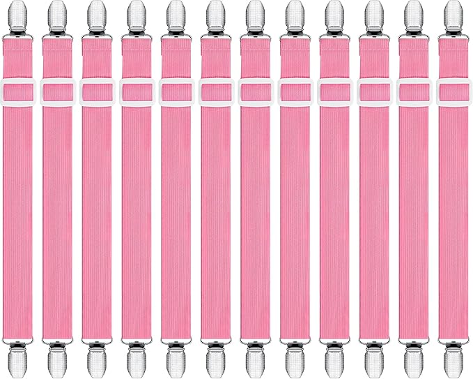 Boao 12 Pcs Bed Sheet Clips Straps Sheet Corner Straps Holder Adjustable Mattress Clips, Elastic Bed Grippers Suspender Fasteners Holder for Home(Pink,8-12 Inch Length)