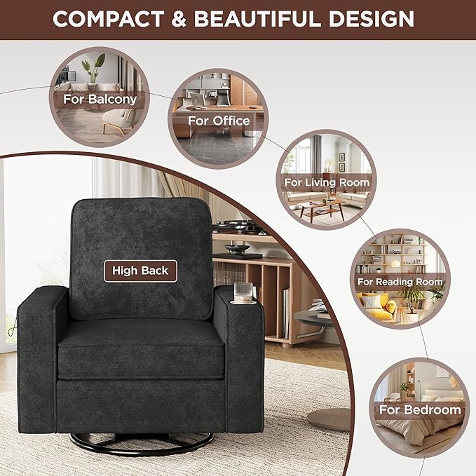 Swivel Square Accent Chair with Wide Armrests,360° Rotating Comfy Single Sofa Chairs with USB/Type-C,Cup Holder & Side Pocket,Modern Armchair for Living Room Bedroom Reading Lounge Nook,Dark Grey | Swivel Accent Chair, with USB/Type-C, Cup Holder, Side...
