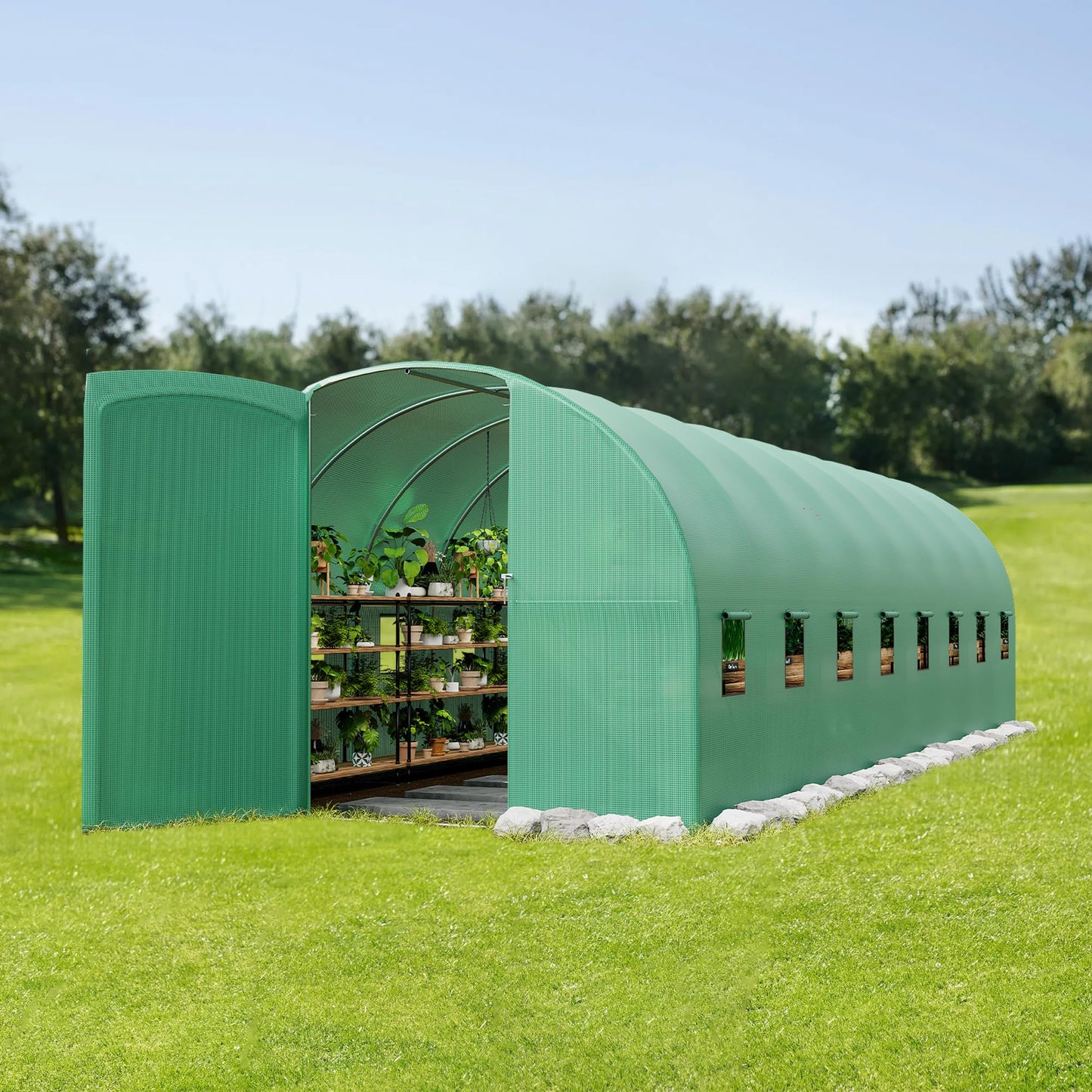 IDEALHOUSE 15X7x7 Ft Large Walk-in Outdoor Greenhouse with Swing Door and 8 Mesh Windows, Reinforced Galvanized Steel Frame, Durable PE Cover, Garden Greenhouse for Backyard Planting, Green