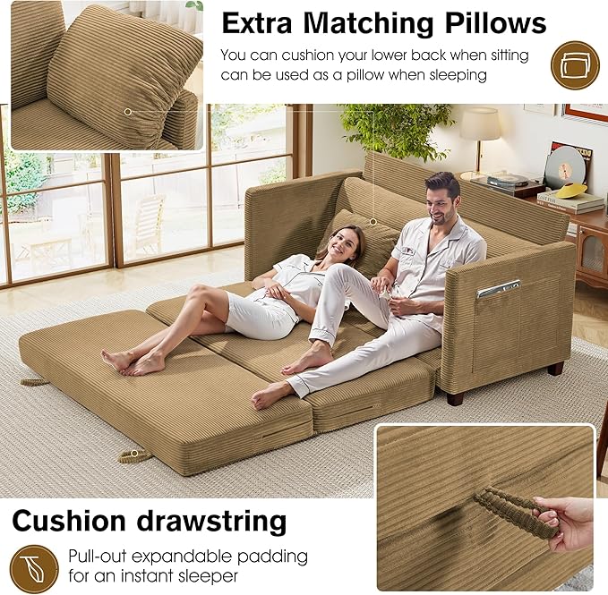 kakuboohi 65" Loveseat Sleeper Sofa Bed, Corduroy Convertible Sofa Bed for Small Spaces, Folding Couch Bed with Deep Seat, 2 Pillows & Solid Frame, Pull Out Floor Couches for Living Room, Brown