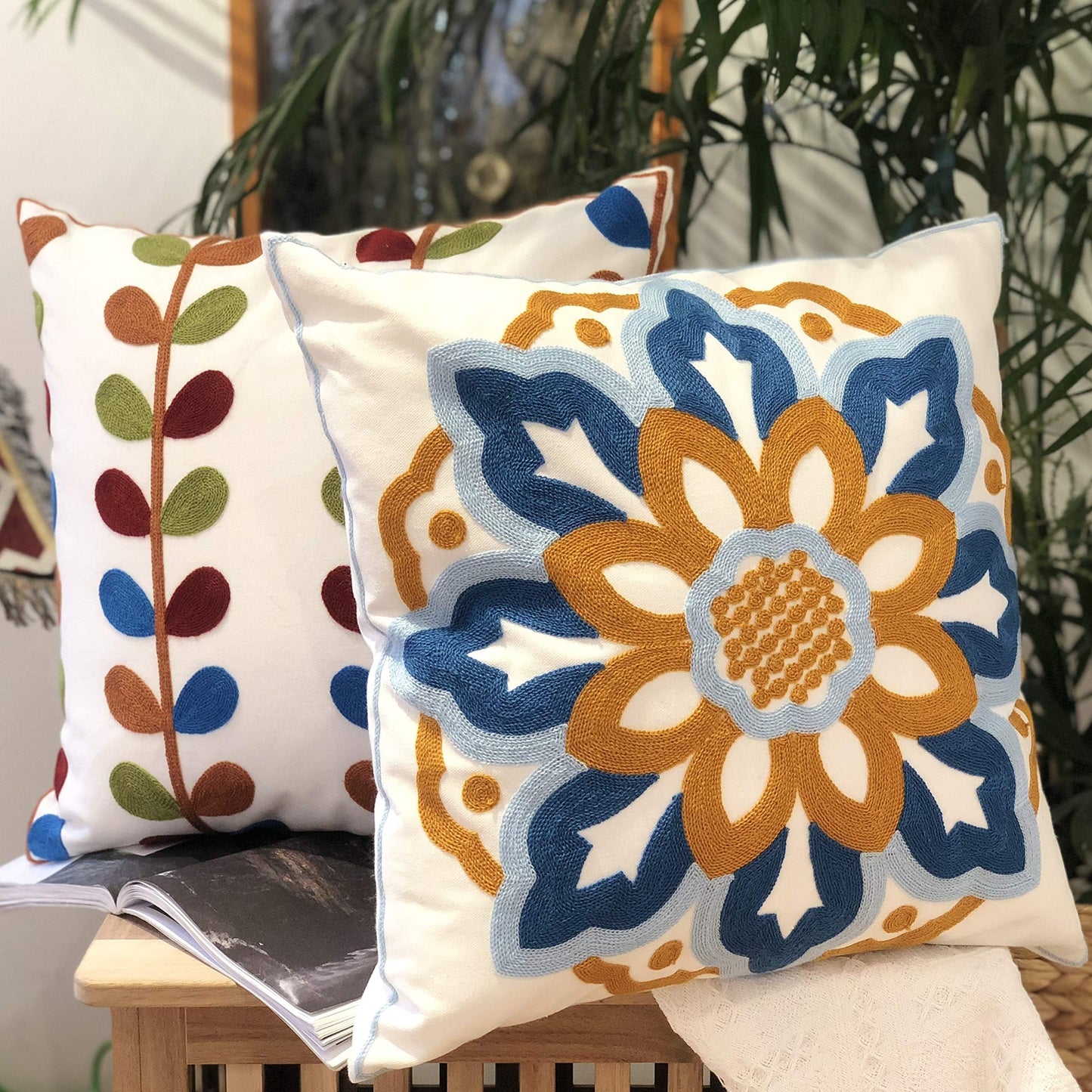 KITTMIN Embroidered Boho Throw Pillow Covers – Set of 2, 18x18 Inch, Cotton Canvas, Vibrant Mandala & Floral Decorative Cushion Cases for Couch, Sofa & Living Room (Sunflower and Leaf)