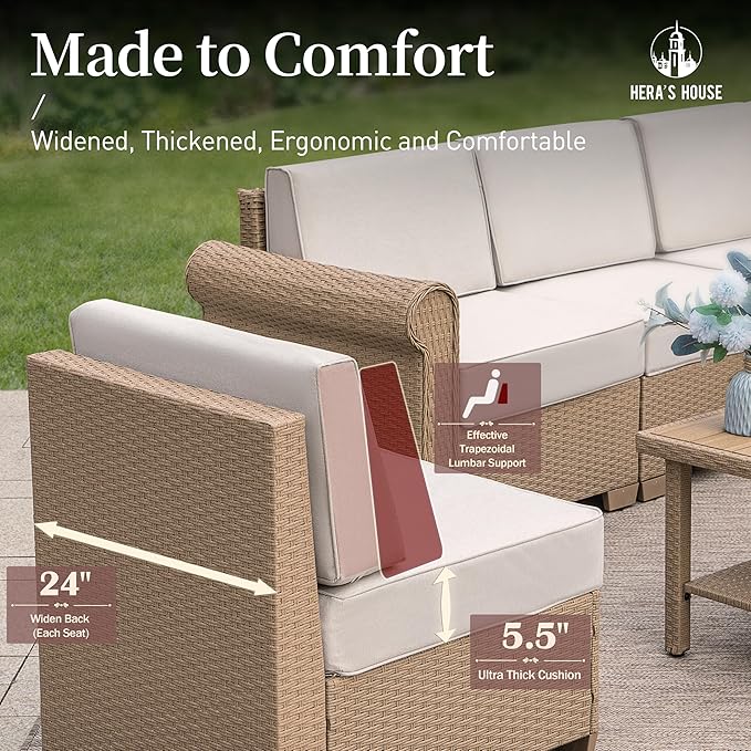 HERA'S HOUSE 6 Piece Patio Furniture Set, Outdoor Sectional Wicker Sofa with 44" Coffee Table, 5.5" Thick Waterproof Cushion All Weather 5 Seats Modular Conversation Set for Garden Deck Backyard