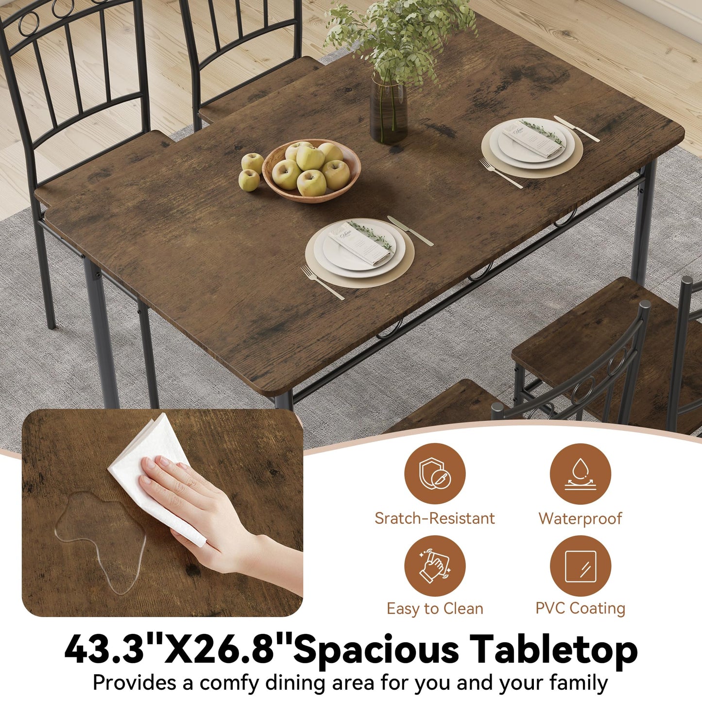 AMICLIBER Dining Table Set for 4, 5-Piece Kitchen Table and Chairs, Rectangular Dining Room Table Set with 4 Chairs, Space-Saving Kitchen Table Set for Small Space,Dinette,Apartment,Retro Brown