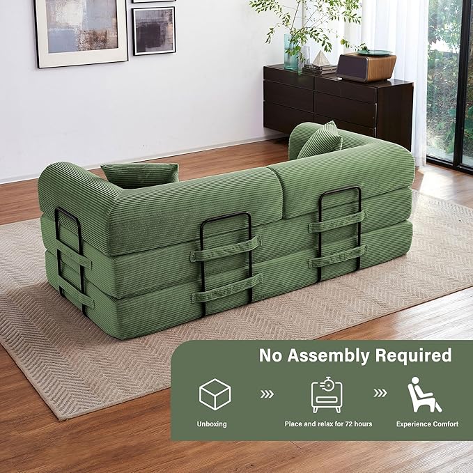 79" 5-in-1 Folding Convertible Sofa Bed, Oversized Corduroy Futon Floor Couch with Pull-Out Sleeper, Modular Boneless Loveseat for Small Spaces, Living Room, Bedroom(Dark Green)