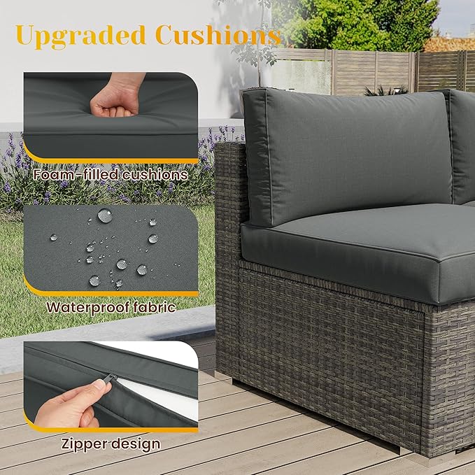 May in Color 5 Piece Outdoor Patio Sectional Furniture Set, Weather Resistant Rattan Outside Couch, Waterproof Conversation Sofa for Balcony, Porch, Backyard, Deck, Garden, Grey
