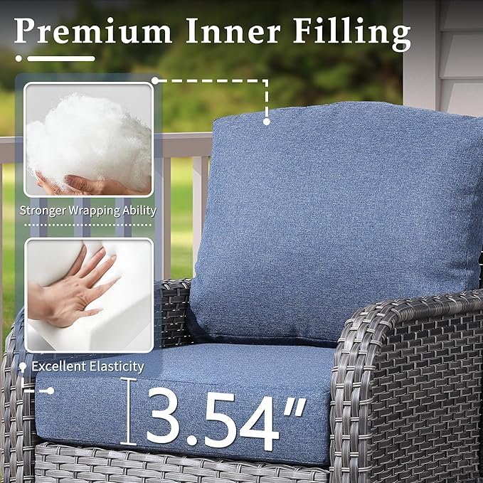 CAODOC 6-Piece Wicker Patio Furniture Set, All-Weather Rattan Conversation Bistro Loveseat Chair and Table Set for Backyard, Balcony and Deck with Soft Cushions and Metal Table(Blue)