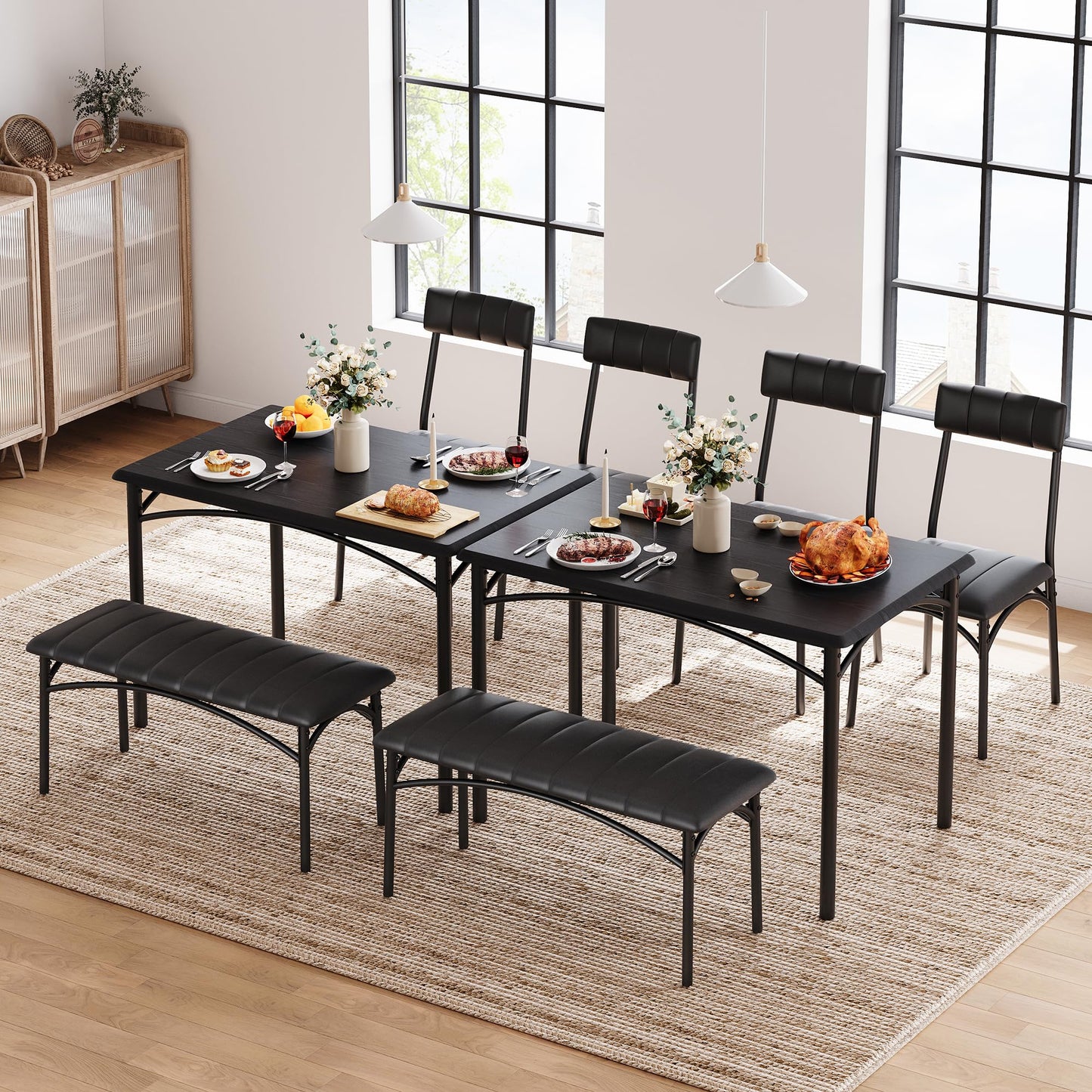 SLEKVERSA Dining Table Set for 4, Small Dining Table Set with Upholstered Bench and 2 Chairs, Kitchen Table and Chairs for 4, for Small Space, Apartment, Dinner, Rustic Black