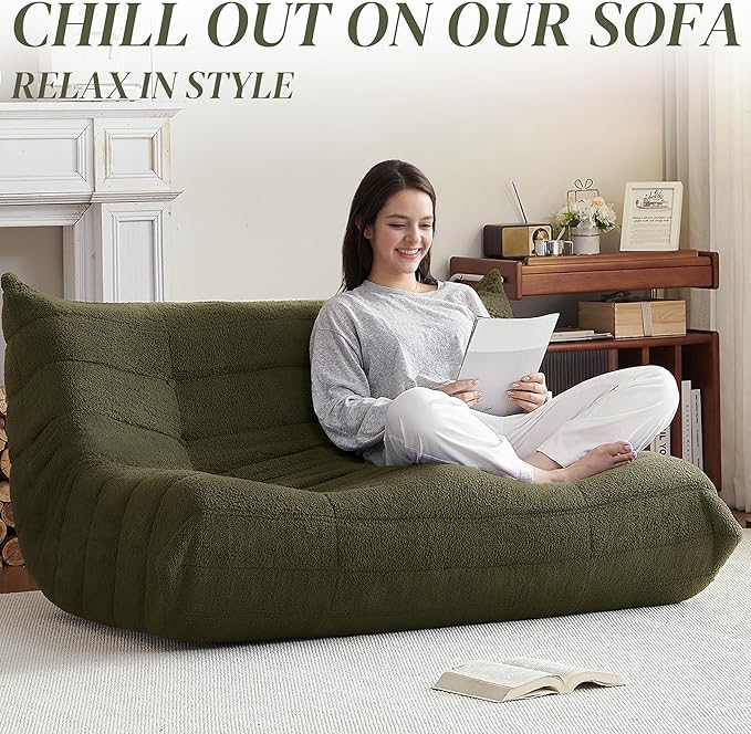 Bean Bag Chair, Loveseat Fireside Chair Bean Bag Sofa for Adults, 2 Seater Bean Bag Chairs for Teens with High-Resilience Foam, Memory Foam Bean Bag for Living Room, Bedroom, Office(Teddy, Dark Green)